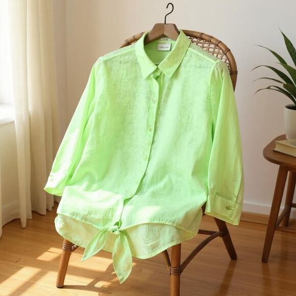 Chicos Linen Lydia Tie Front Shirt Green Lagenlook Non Iron Womens Large 2 - Picture 1 of 7